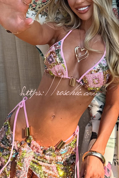 Stylish Sequined Metal Decoration Halter Neck Tie Stretch Bikini Swimsuit and Beach Cover-up Mini Skirt Three-piece Set