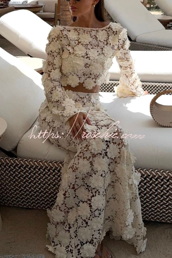 Stylish Long-sleeved Backless Lace Top and Elegant Openwork Maxi Fishtail Skirt Set