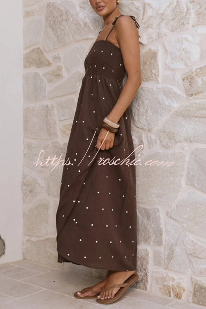 Fashionable Polka Dot Print Suspender High-waisted Pleated Casual Maxi Dress