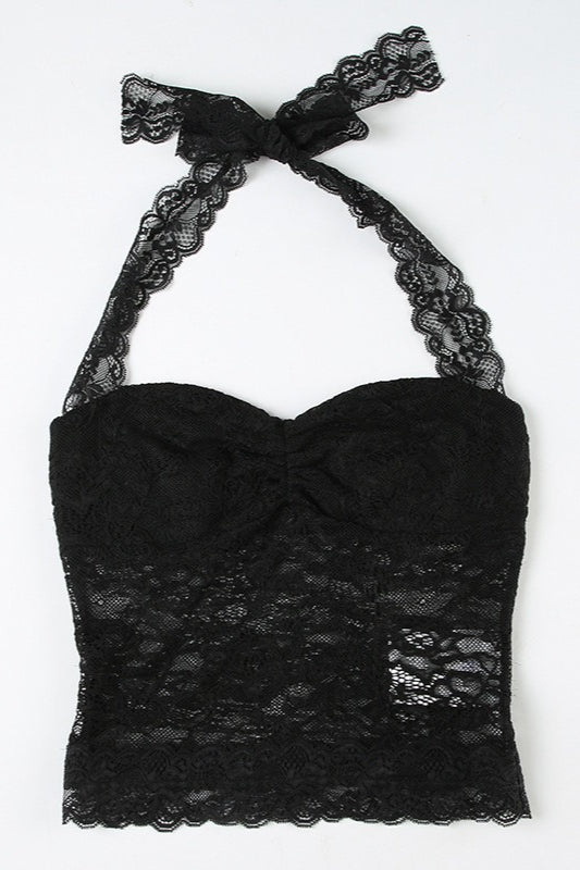 Top halter sexy entallado con lazo y fruncido de encaje