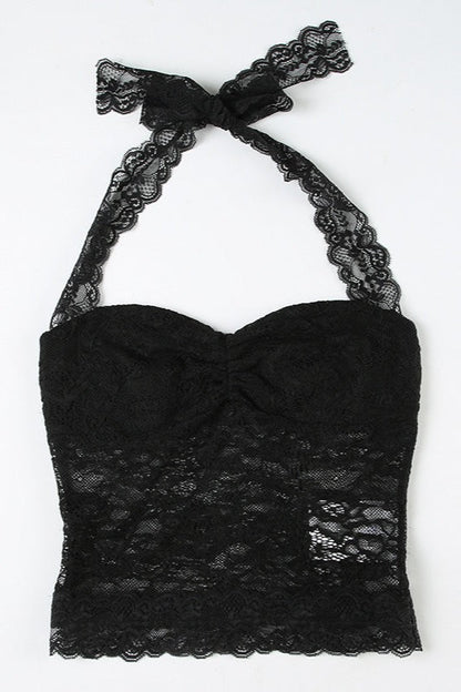 Top halter sexy entallado con lazo y fruncido de encaje