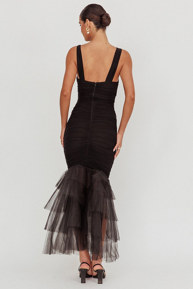 Mesh Insert  Spaghetti Strap Ruched Prom Dress