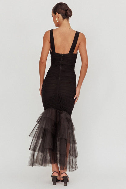 Mesh Insert  Spaghetti Strap Ruched Prom Dress