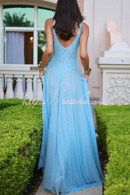 Solid Color V-neck Sleeveless Slim-fit Elegant Mesh Maxi Dress