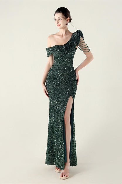 Vestido de fiesta formal con volante y un solo hombro drapeado