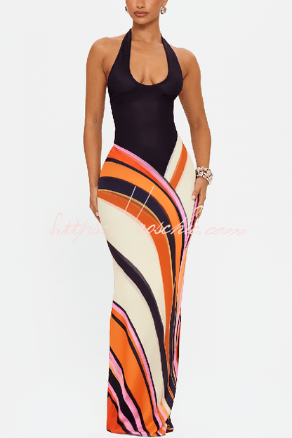 Summer Newness Colorblock Swirl Print Halter Neck Stretch Maxi Dress