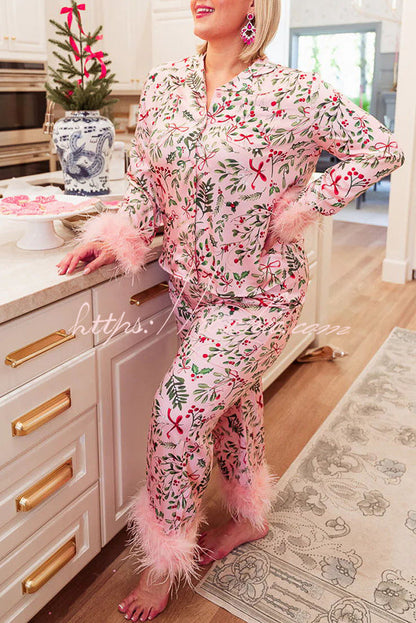 Iconic Holiday Printed Feather Trim Elastic Waist Pocketed Pajama Set