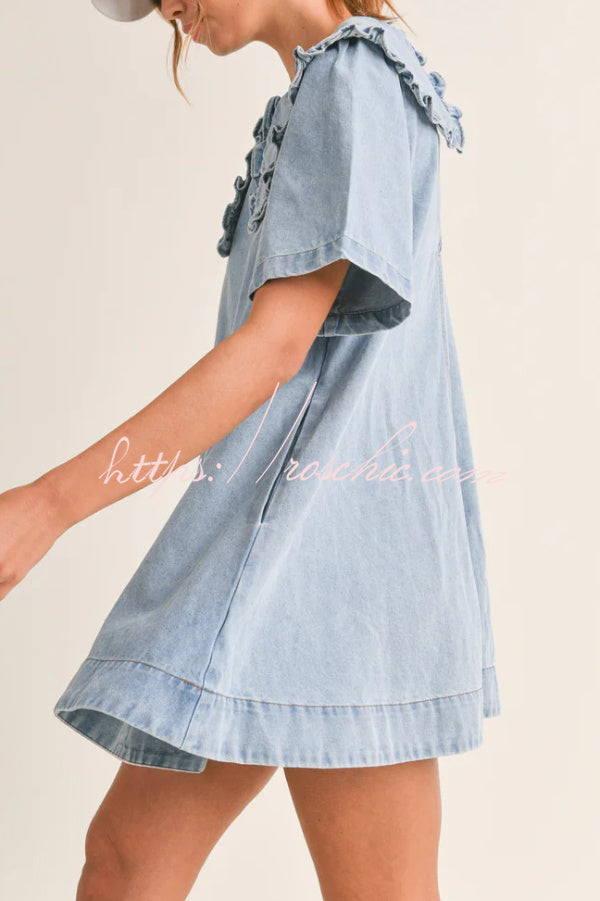 Solid Color Loose Short-sleeved Casual Ruffled Denim Mini Dress