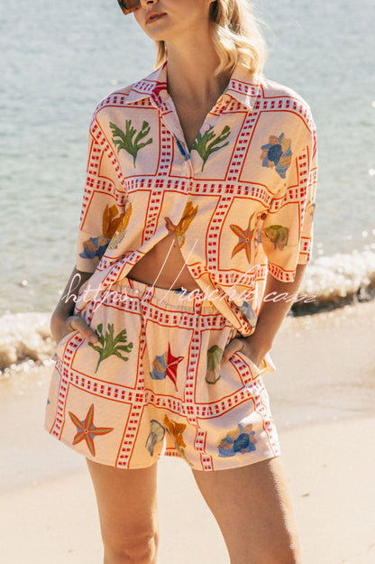 Linen Blend Shell Print Loose Short-sleeved Shirt and Elastic Waist Pocket Casual Shorts Set