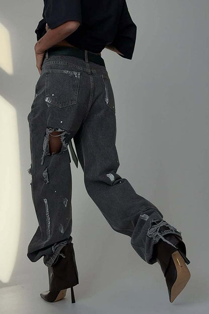 Graffiti Distressed Loose Straight Leg Jeans