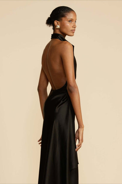 Elegant Solid Long Sleeve V-Neck Satin Lurex Formal Dress