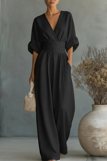 Solid Color V-neck Fitted Waist Pocket Casual Wide-leg Jumpsuit
