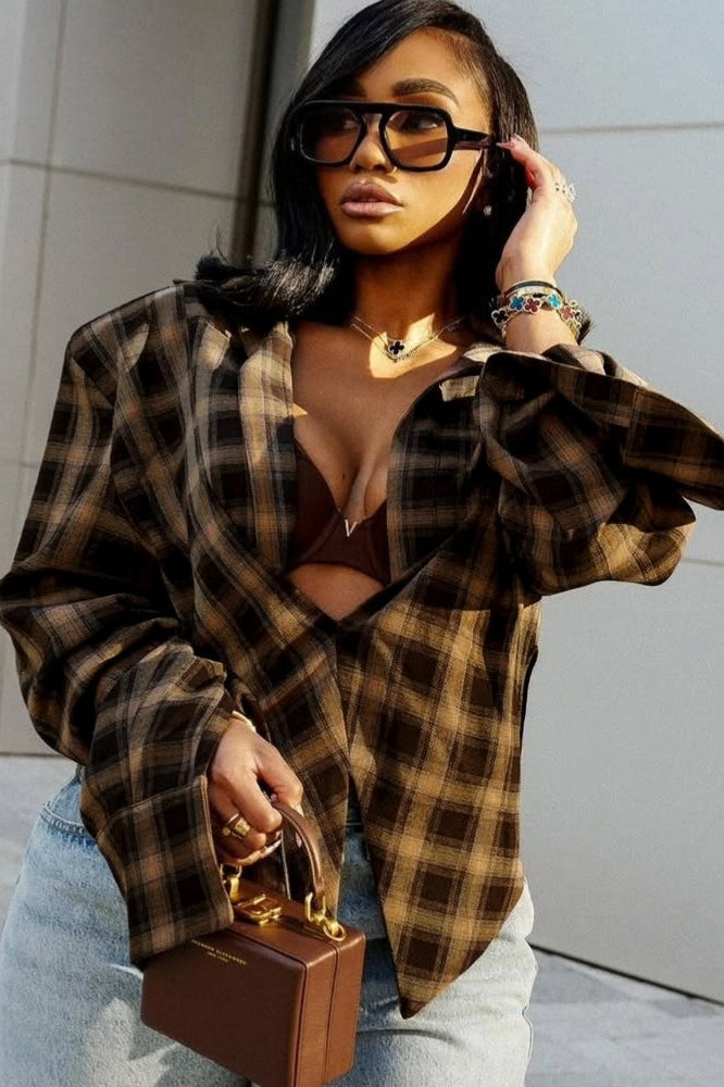 Plaid Collared Asymmetric Loose Chic Short Sleeve Blouse