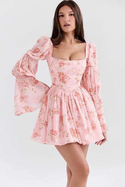 Rose Print Long Sleeve A-Line Floral Dress