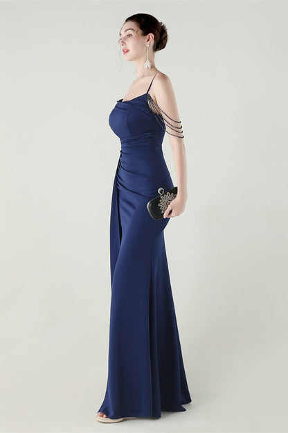 Vestido de fiesta de sirena de satén con tirantes finos