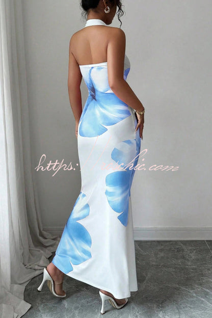 Floral Print Halter Neck Backless Slim-fit Maxi Dress