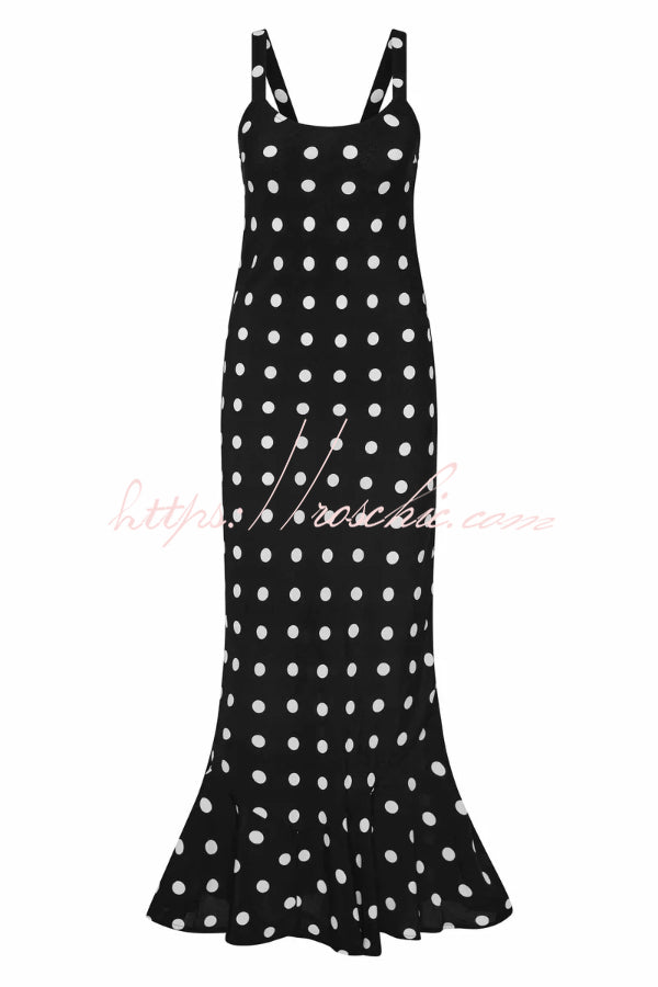 Polka Dot Print Sleeveless Spaghetti Strap Slim-fit Elegant Ruffled Hem Maxi Dress