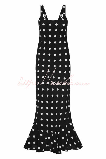 Polka Dot Print Sleeveless Spaghetti Strap Slim-fit Elegant Ruffled Hem Maxi Dress