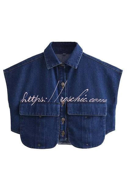 Stylish Weekend Denim Button Up Cape Sleeve Pocket Crop Top