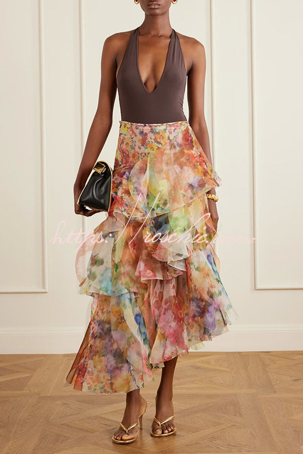 Luna Tulle Watercolor Floral Print Layered Fan-shaped Ruffle Design Maxi Skirt
