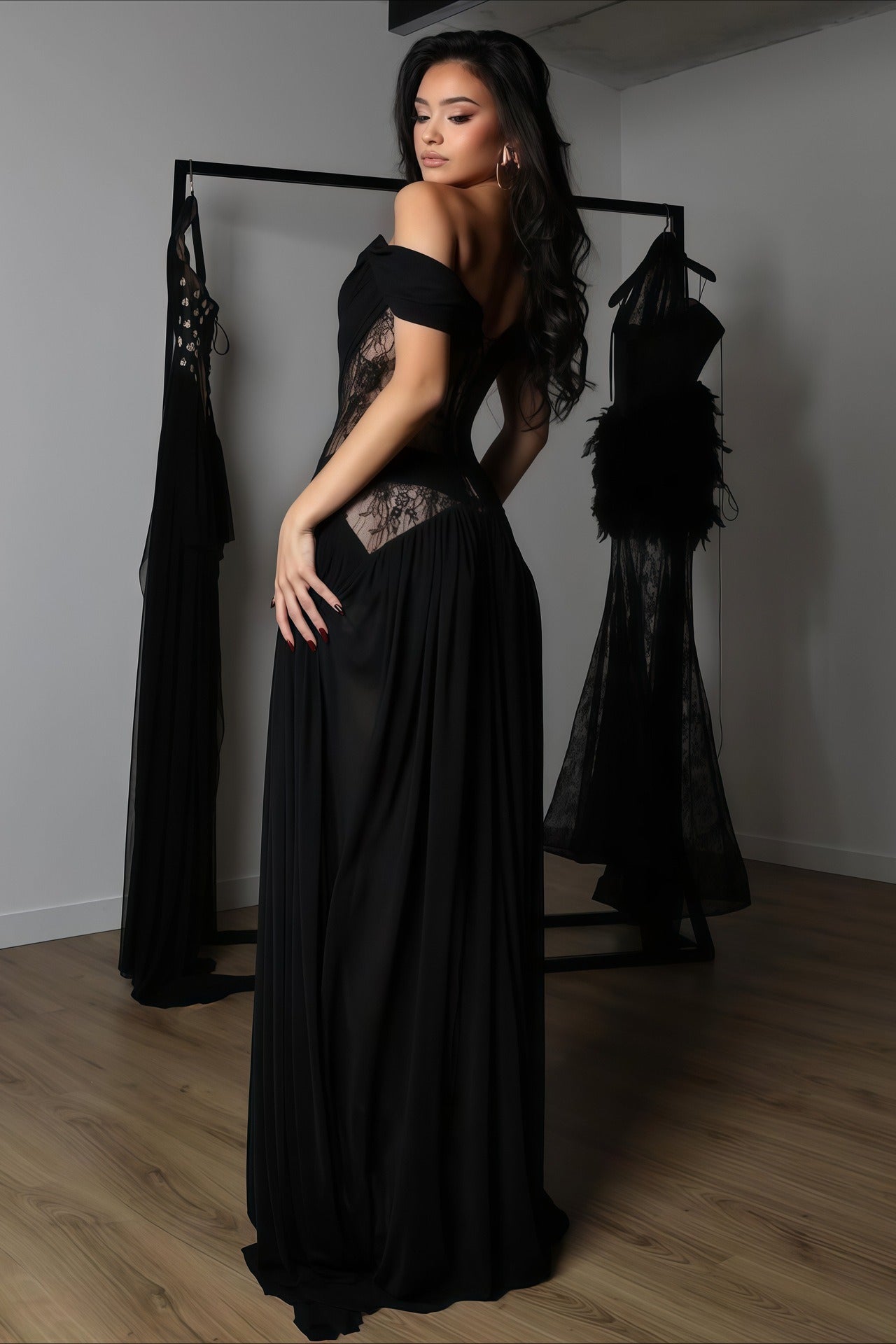 Vestido largo transparente con abertura, corte y encaje sexy
