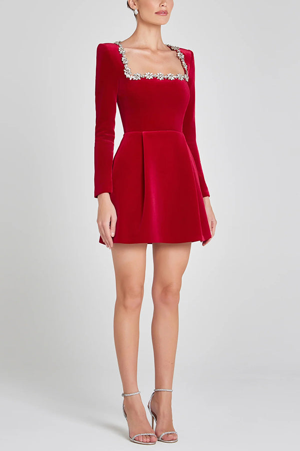Endless Celebration Velvet Jewel Embellished Trim Long Sleeve Pocketed Mini Dress (Shipped Within 24 Hours)