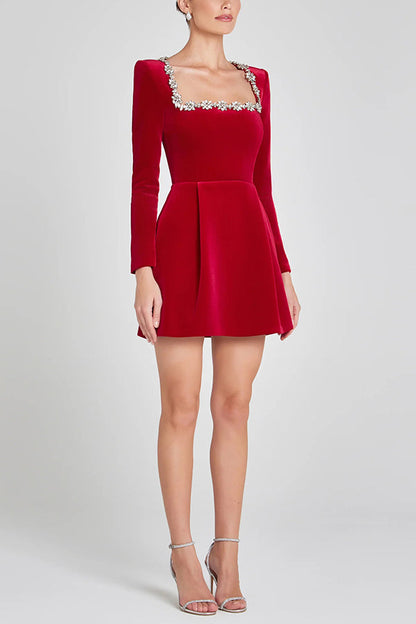 Endless Celebration Velvet Jewel Embellished Trim Long Sleeve Pocketed Mini Dress (Shipped Within 24 Hours)