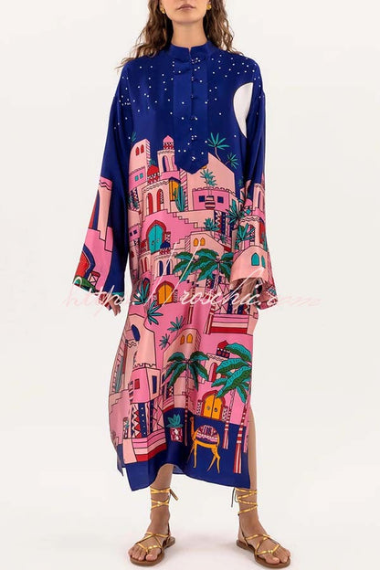 Seaside Stroll Satin Unique Print Button Up Long Sleeve Slit Kaftan Midi Dress