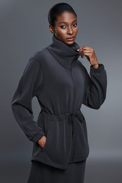 Air Layer Stand Collar Drawstring Waist Mid Length Jacket