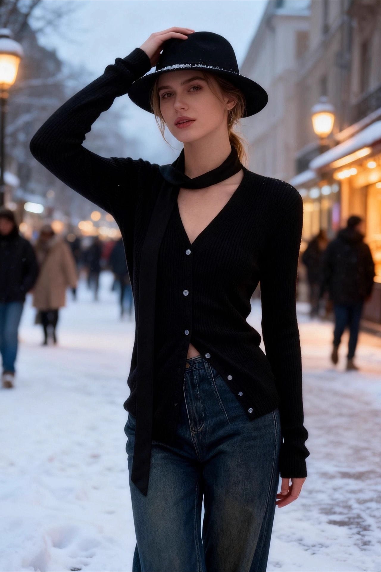 Top de punto acanalado con cuello esmoquin chic