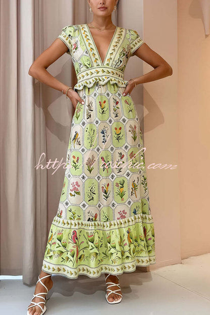 Botanical Floral Print V-neck Short-sleeved Backless Vacation Maxi Dress