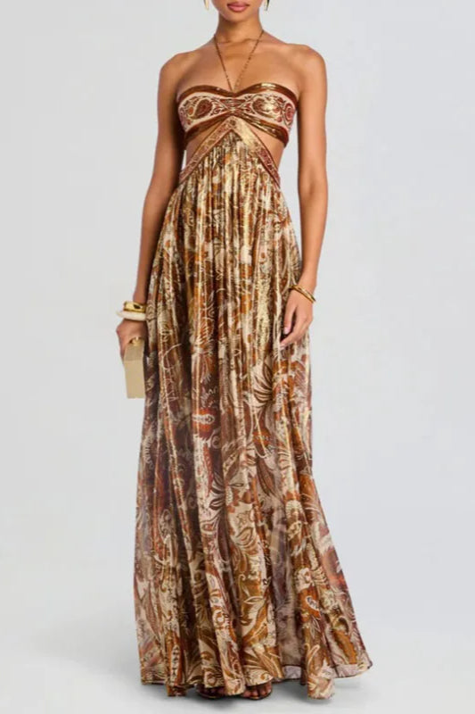 Vestido bohemio plisado con cordones y sin tirantes