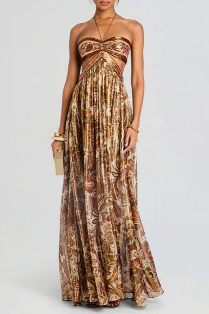Vestido bohemio plisado con cordones y sin tirantes