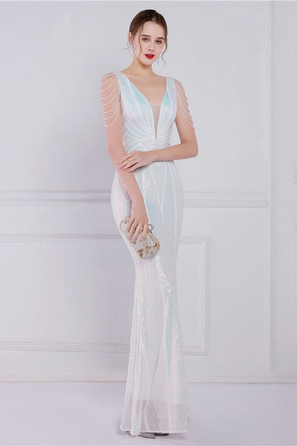 Vestido de fiesta de sirena con lentejuelas florales y pedrería