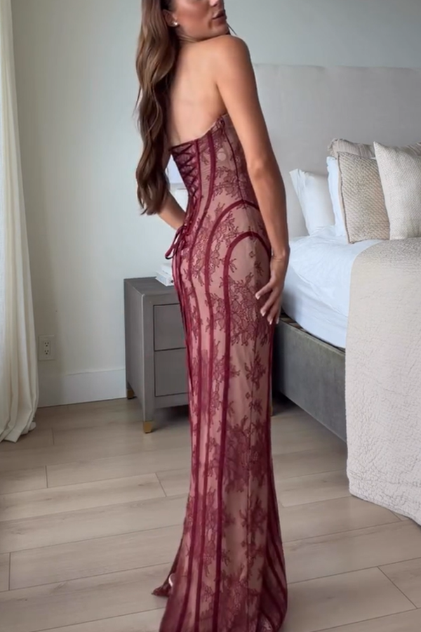 Sian Floral Lace Contrast Structural Detail Back Lace-up Strapless Slit Maxi Dress