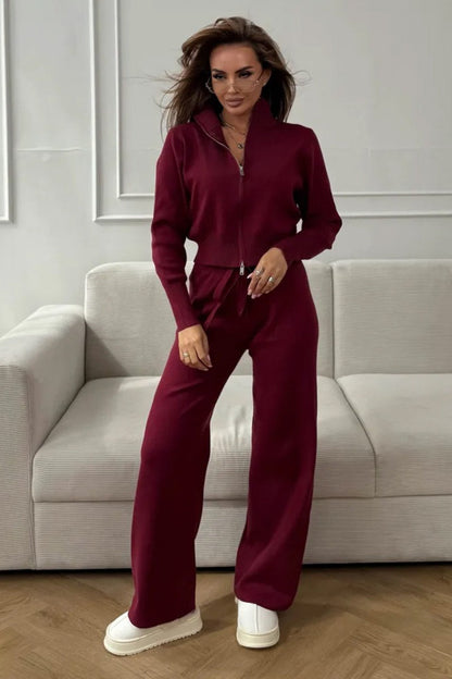Long Sleeve Zippered Cardigan Knit Set