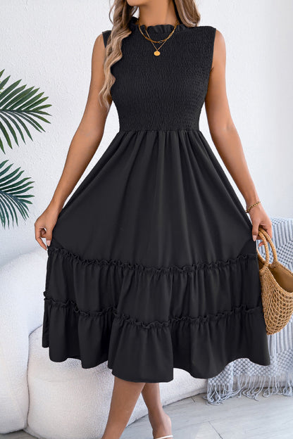 Solid Color Sleeveless Tucked Patchwork Casual Midi Dress