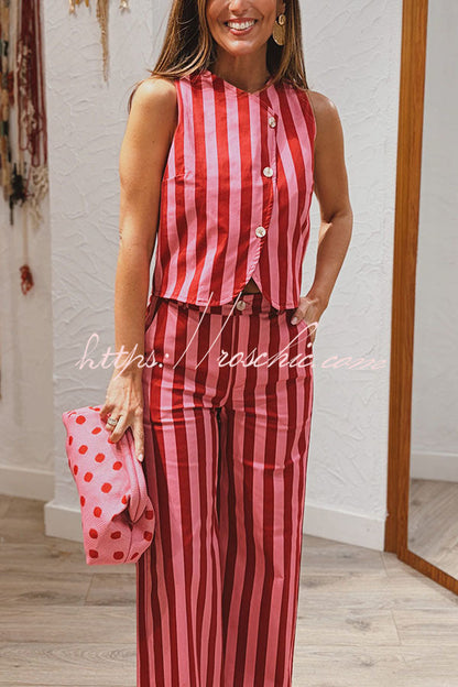 City Outfit Colorful Stripes Button Up Vest and Elastic Waist Pocket Loose Pants Set