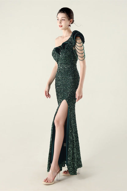 Vestido de fiesta formal con volante y un solo hombro drapeado