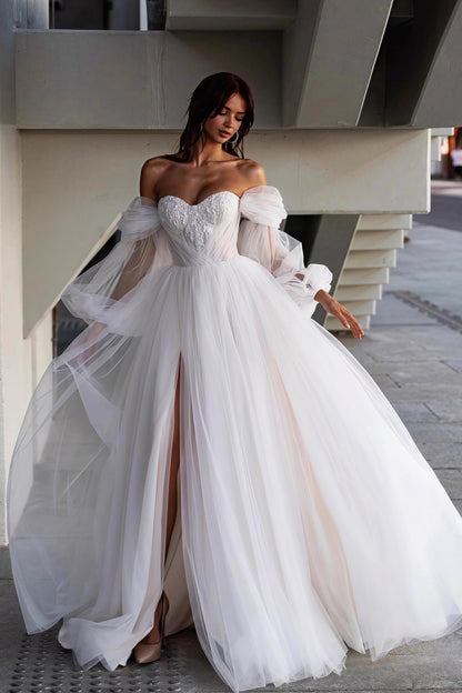 Vestido de Novia Elegante de Manga Larga con Cola y Tema de Bosque