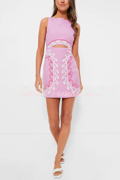 Embroidered Sleeveless Round Neck Hollowed-out Slim-fit Mini Dress