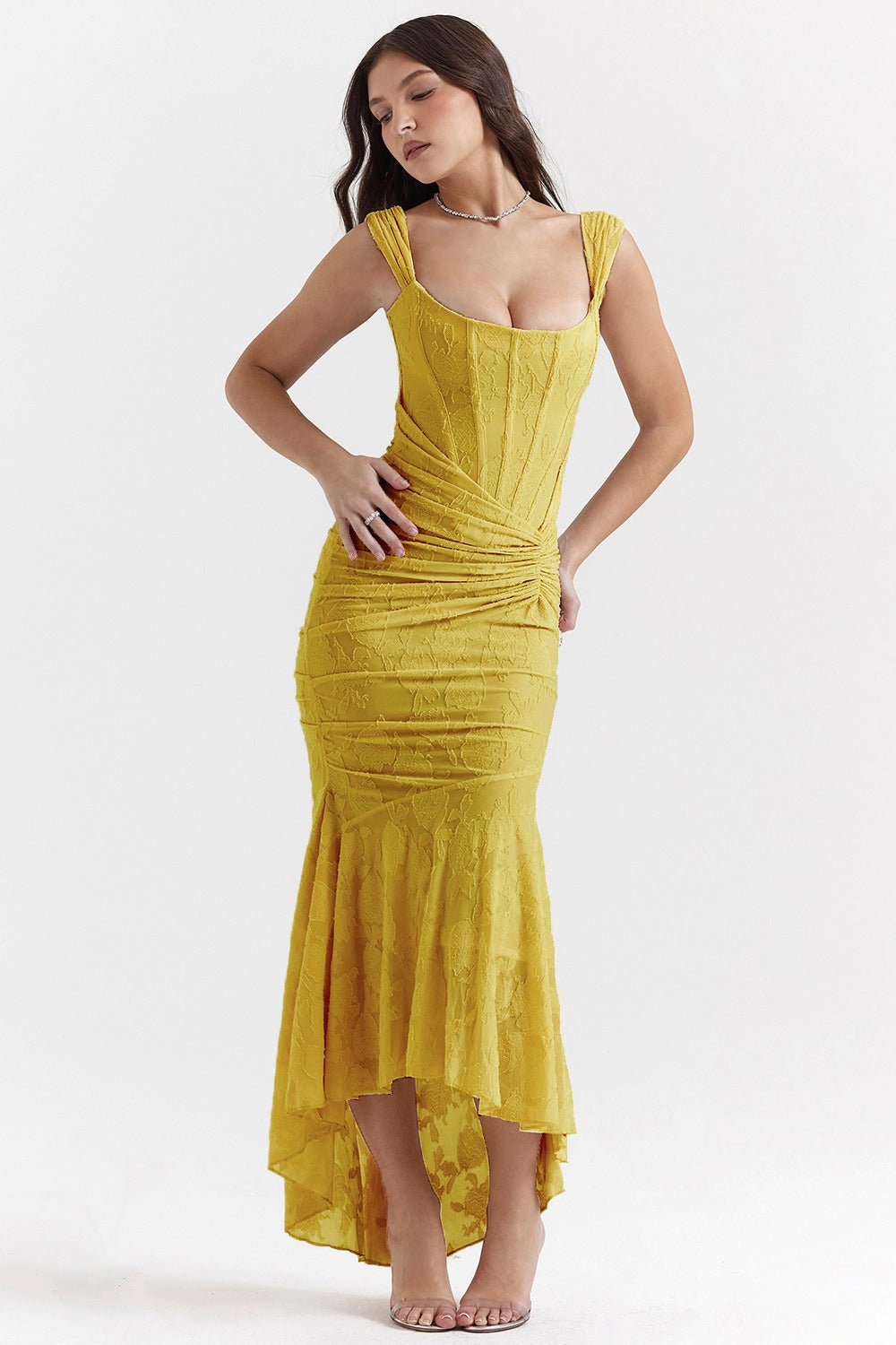 Vestido de gala de sirena de jacquard de malla elástica