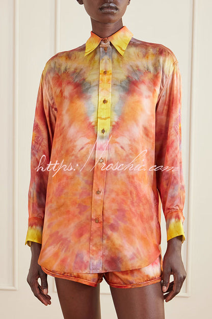 Vibrant Vacation Satin Tie-Dye Print Button Long Sleeve Shirt and Elastic Waist Pocket Shorts Set