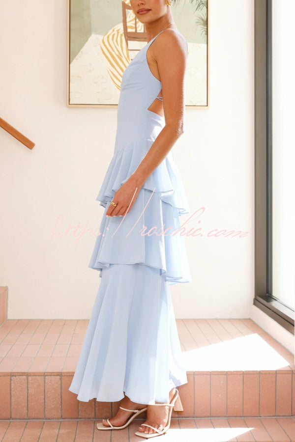 Solid Color V-neck Sleeveless Elegant Layered Maxi Dress
