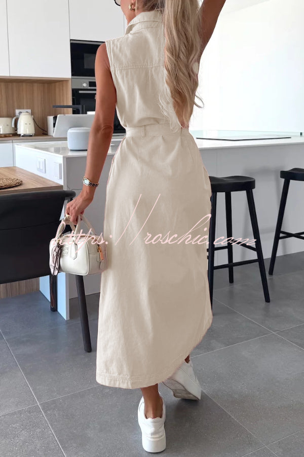 Solid Color Sleeveless Single Breasted Waist Tie Casual Pocket Denim Midi Dress