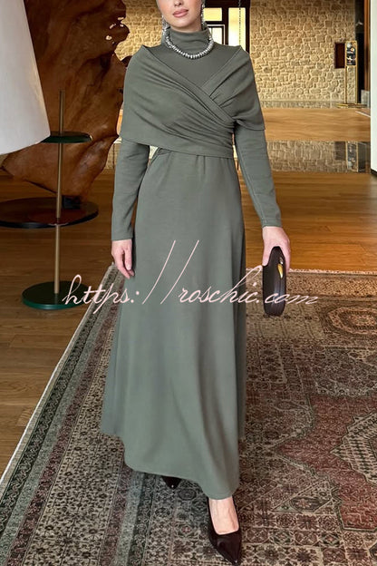 Solid Color High-neck Long-sleeved Crossover Waist Slim-fit Maxi Dress