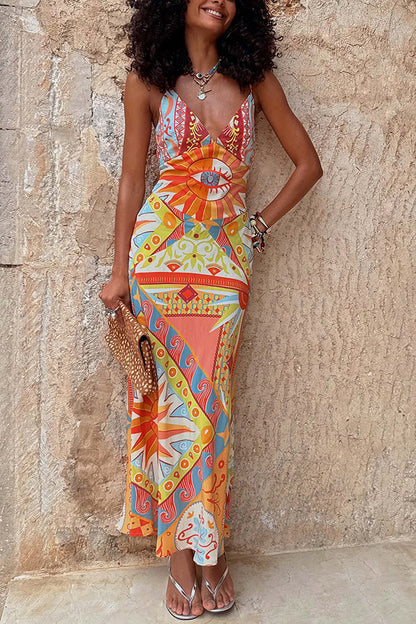 Streets of Spain Unique Art Print V-neck Slip Drape Maxi Dress