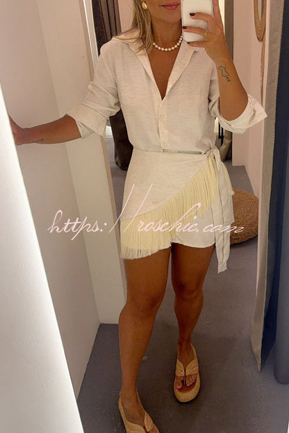 Sorena Linen Blend Button Up Long Sleeve Midi Blouse and Tassel Trim Warp Cover-up Mini Dress Set