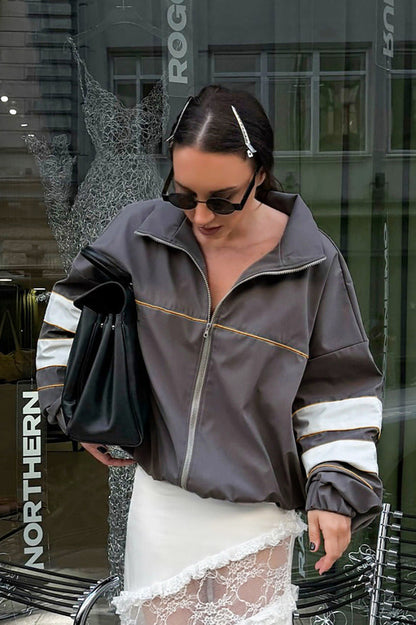 Color Blocking Loose Designer Mandarin Collar Coat