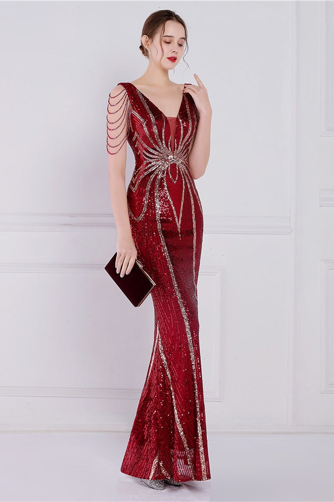 Vestido de fiesta de sirena con lentejuelas florales y pedrería